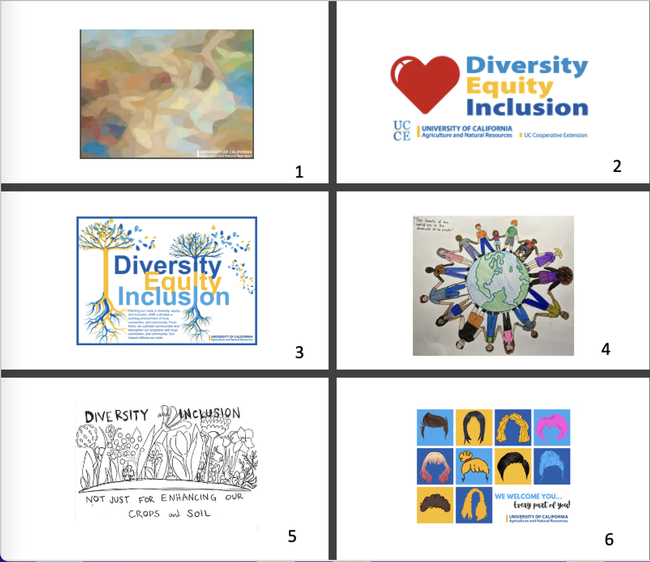 6 postcard designs.Picture 1: Muted colors of browns and blues. Picture 2: Heart with the words “Diversity, Equity & Inclusion.” Picture 3: Two trees in yellows and blues with roots intertwined with the words “Diversity, Equity, Inclusion.” Picture 4: Earth with many people holding hands. Picture 5: Ink drawing of crops with the words Diversity & Inclusion not just for enhancing our crops & soil. Picture 6: A variety of hairstyles with vibrant blues, yellows, pink, brown and black