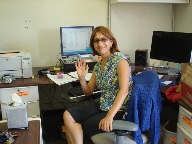 A woman sits at a computer, in a chair, waving at the camera.