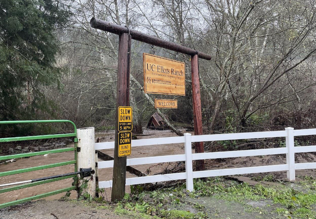 Muddy brown waters flow behind the sign welcoming visitors to Elkus Ranch.