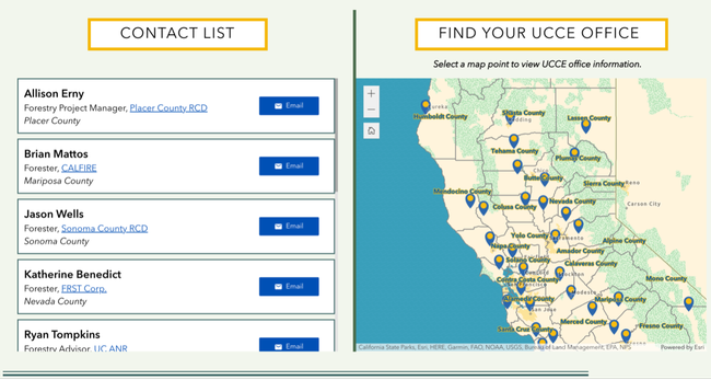 On left, a list of names and contact information. On right, a map of counties.