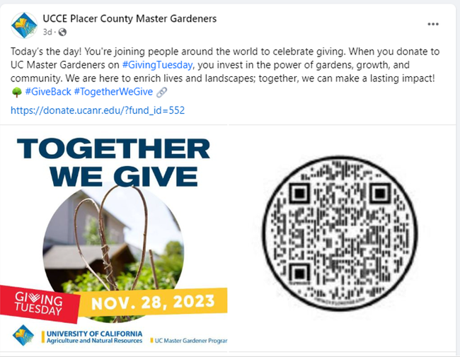Today's the day! You're joining people around the world to celebrate giving. When you donate to UC Master Gardeners on #GivingTuesday, you invest in the power of gardens, growth, and community. We are here to enrich lives and landscapes; together, we can make a lasting impact! ?? #GiveBack #TogetherWeGive ??https://donate.ucanr.edu/?fund_id=552