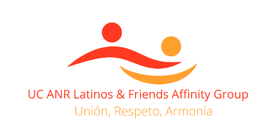 Uc ANR Latinos & Friends Affinity Group - union, respeto, armonia. Abstract graphics in red and orange appear to show 2 images with arms around each other's shoulder.