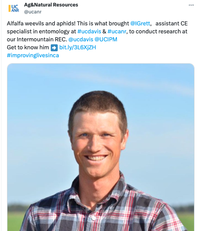 Headshot of Ian Grettenberger. Alfalfa weevils and aphis! This is what brought Ian, assistant CE specialist in entomoloty at UC Davis and UC ANR, to conduct research at our Intermountain REC. Get to know him. #improvinglivesinCA