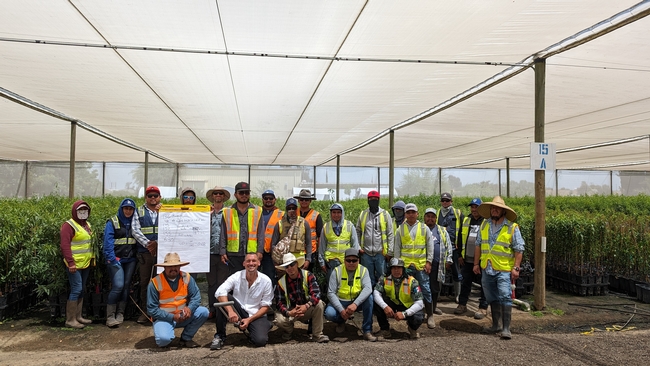 UCCE advisors, Pitton and Spinelli, pose with irrigators from Burchell Nursery to conclude the training. Photo courtesy of Bruno Pitton.