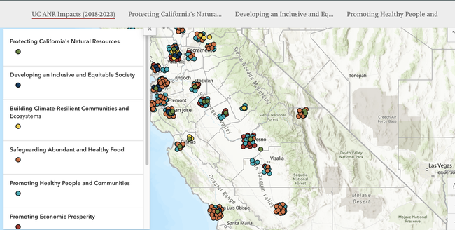 A map of California with colored dots for each of the 7 public values indicating locations of impact.