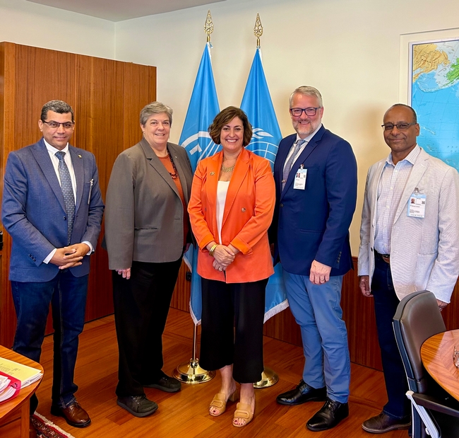 From left, Atef Swelam, Glenda Humiston, UN-FAO Deputy Director-General Beth Bechdol, Brent Hales and Ashraf El-kereamy. The UC ANR leaders and the former Indiana farmer discussed potential collaborations.