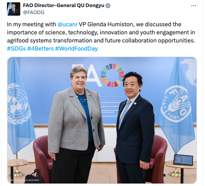 UN-FAO Director General Qu Dongyu posted on X about meeting with Humiston.