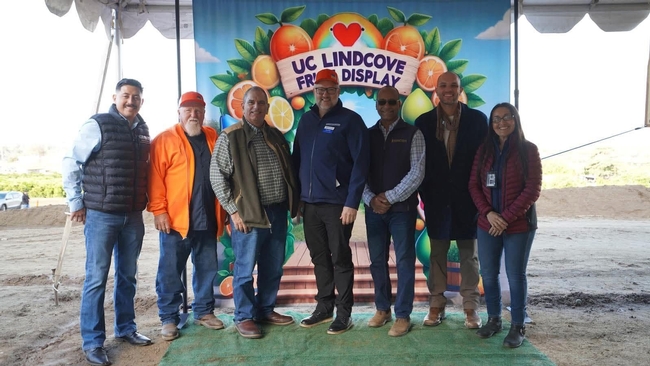 Six men and one woman pose outdoors in front of a colorful UC Lindcove Fruit Display banner.