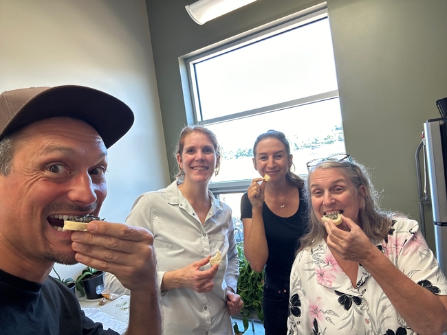 L to R: Spinelli, Bea Nobua-Behrmann, UCCE Urban Forestry and Natural Resources Advisor, Pedroncelli, and Kat Hicklin, Business Officer, taste pesto before it's jarred at the South Coast REC.