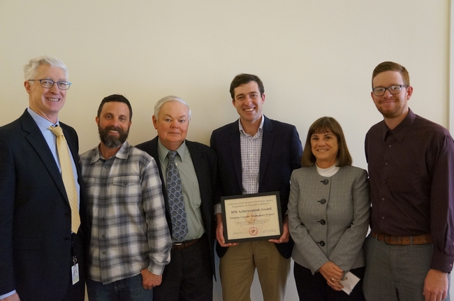 From left, California Department of Pesticide Regulation director Brian Leahy presented the IPM award to Ben Byczynski, director of Fetzer Vineyards and Grower Relations, Glenn McGourty, Houston Wilson, Lucia Varela and Ryan Keiffer.