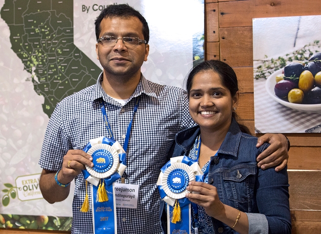 Sreejumon Kundilepurayil, left, and Vidya Kannoly and their Dr. Green app took first place in the Apps for Ag hackathon. Dr. Green uses artificial intelligence and machine learning to quickly advise growers how to treat ailing plants.