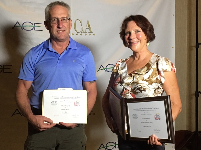 Steve Elliot, left, of the Western IPM Center, and Diane Nelson the UC Davis College of Agricultural and Environmental Sciences won multiple communications awards.