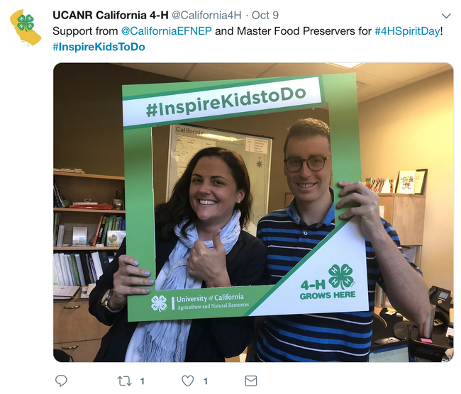 Katie Pannerella, director of Nutrition, Family and Consumer Sciences Program & Policy, and Zac Salinger, Master Food Preserver coordinator, show their 4-H spirit.
