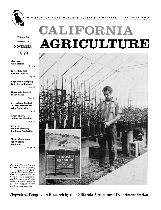 Lindcove REC named its conference center the “Ray Copeland Citrus Center” in honor of its late superintendent, shown here on the cover of California Agriculture in 1969.