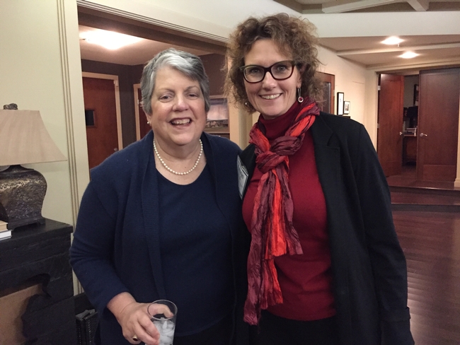 Kathryn Uhrich, dean of UCR College of Natural and Agricultural Sciences, right, visited with Napolitano.