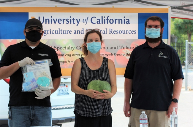 From left, UCCE small-farm team members Jesus Ontiveros Barajas, Marianna Castiaux and Jacob Roberson distributed COVID-19 protection kits to small-scale farmers in Fresno County. Photo by Ruth Dahlquist-Willard