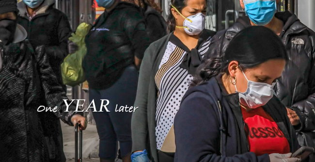 Photo of strangers wearing facemasks on the street. Text reads: One year later.