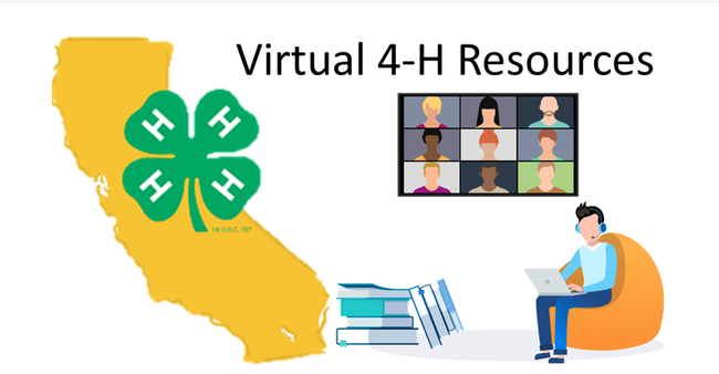 Virtual 4-H Resources. Picture of California map, 4-H clover logo, books, animated Zoom screen image and person wearing headphones sitting in an armchair working on a laptop.