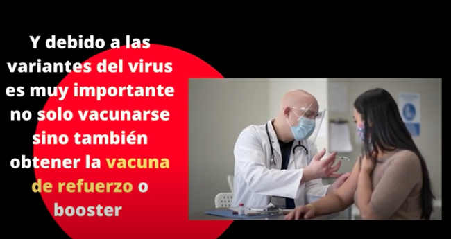 Message in Spanish displays next to picture of a doctor vaccinating a woman.