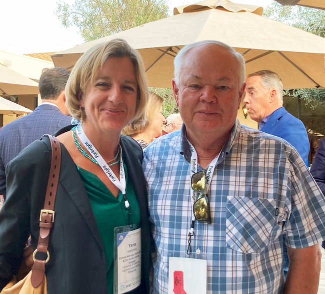 Yana Valachovic and Glenn McGourty, UCCE farm advisor emeritus and current Mendocino County supervisor, greet each other at the Rural County Representatives of California conference.