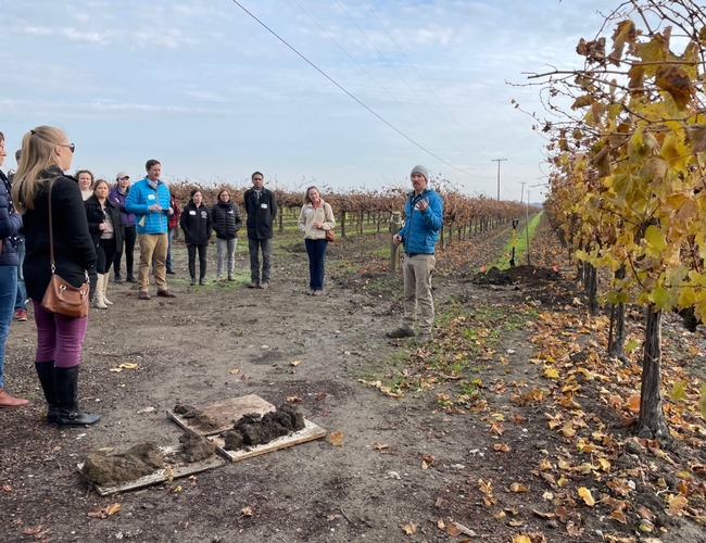 Konrad stands in a vineyard speaking to a group of people encircling him.