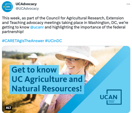 Get to know UC Agriculture and Natural Resources! This week, as part of the Council for Agricultural Research, Extension and Teaching advocacy meetings taking place in Washington, DC, we're getting to know @ucanr and highlighting the importance of the federal partnership! #CARETAgisTheAnswer #UCinDC
