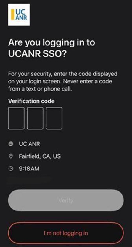 Fig. 3 – Example Verified Push code validation screen on a mobile device.