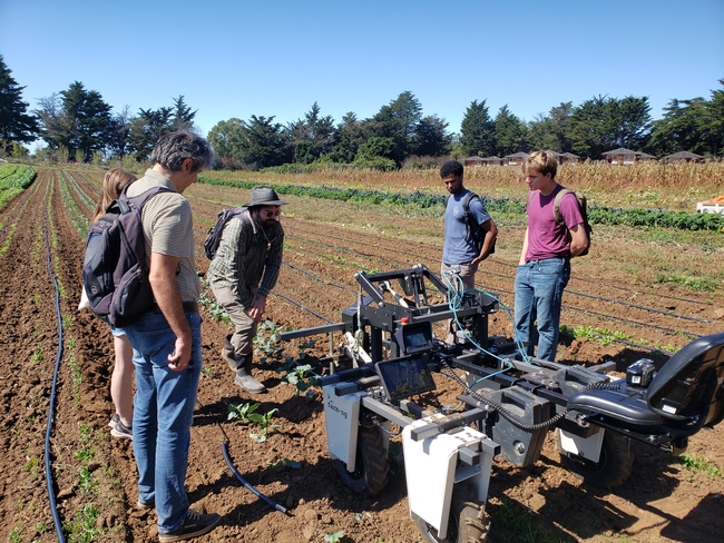 Five people stand around a robot as it moves through a crop field.