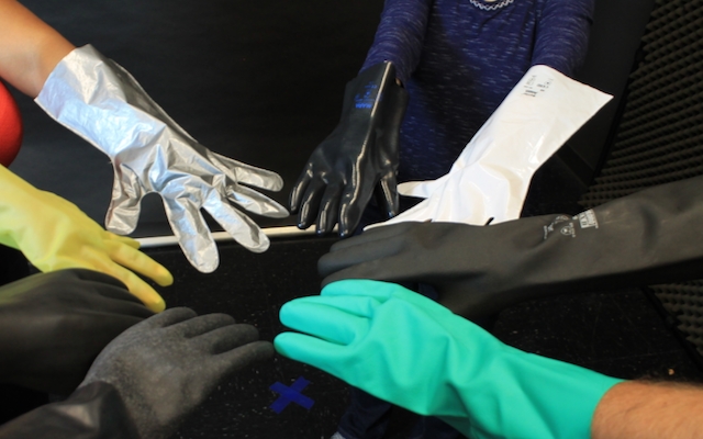Some common chemical resistant materials for gloves are barrier laminate, butyl rubber, nitrile rubber, neoprene rubber, natural rubber, polyethylene, polyvinylchloride (PVC) and viton rubber.
