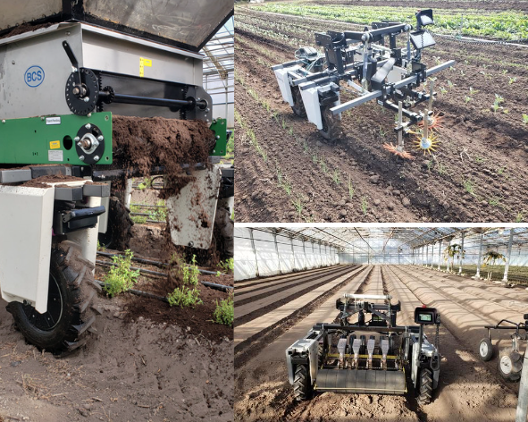 On left, compost rolls out of the robot onto a bed of seedlings. Top right, a robot fitted with fingerlike attachments rogues weeds from between seedlings. Bottom right, the robot with an attachment to hold containers of seeds plants seeds in shaped beds in a greenhouse.