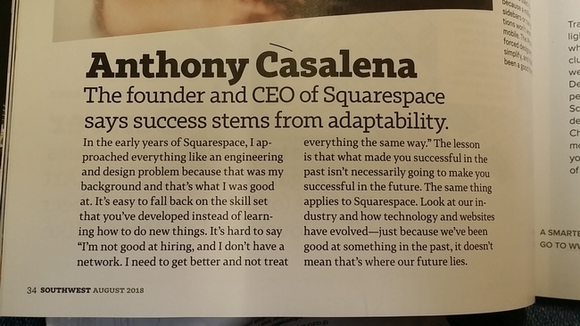 Sqarespace CEO writes in Southwest magazine