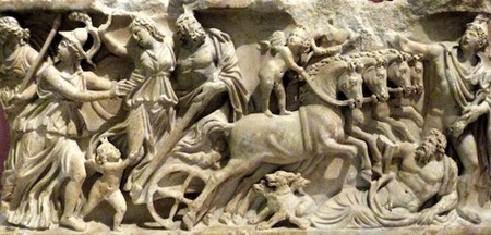 Persephone and other Greek people in statues with a chariot