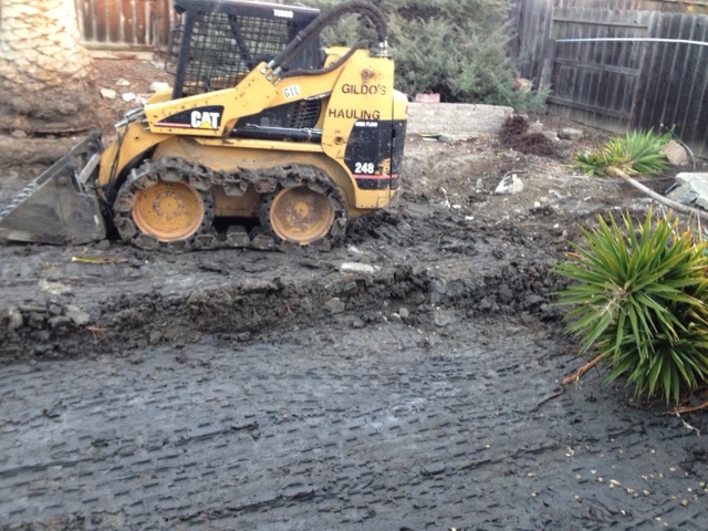 Bobcat moving across backyard pool that has been completely filled in with dirt and is now being graded for sod and new landscaping