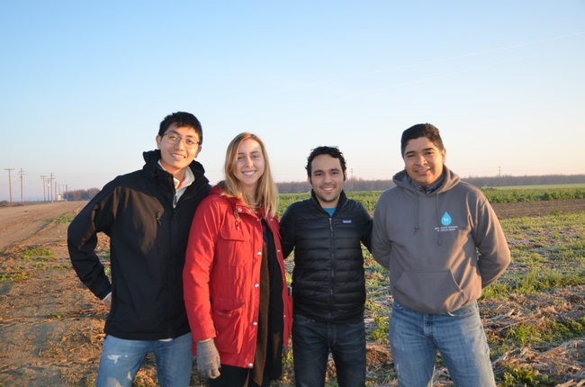 Graduate student group of Dr. Samuel Sandoval-Solis, Hydrology Cooperative Extension Specialist in the Department of Land, Air and Water Resources at the University of California, Davis, plus Alyssa DeVincentis, PhD Hydrology student and two other graduate students in the Sandoval-Solis lab visiting NRI Project study site in Five Points, CA on February 5, 2016