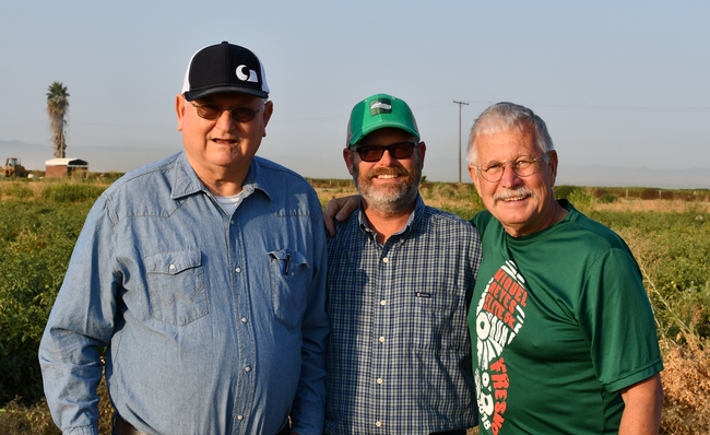 Kelly O'Neill (left), Patrick O'Neill (center) and Jeff Mitchell (right) visiting the CASI NRI Project field in Five Points, CA on August 13, 2018