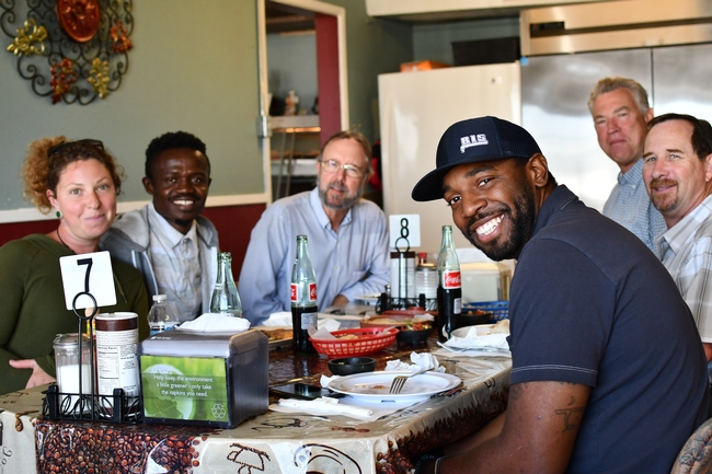 CASI Workgroup members hosting Francis Akolbila of Ghana's Center for No-till Agriculture in El Ranchero Café in Five Points, CA  (left to right, Sara Rosenberg (Singing Frogs Farms, Sebastopol, CA), Francis Akolbila, Rob Roy, Derek Riley (Ag Engineering intern from Fresno State working with Rob and Brook in the NRCS Fresno Area Office), Dan Munk and Brook Gale