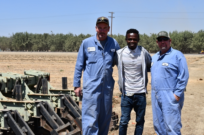 UC Five Points field station staff Tracy Waltrip (left) and Jaime Solorio (right) hosting Francis Akolbila (center) at the NRI Project field