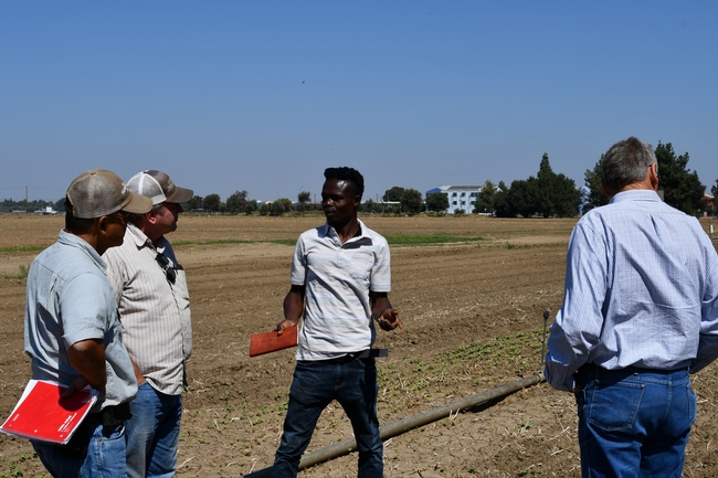 Francis Akolbila (center) discussing no-till conservation agriculture systems with Rich Peltzer (left), Derrick Lum (next to Rich), and Jim Jackson (right) at PLS110 class demonstration field on the University of California, Davis campus