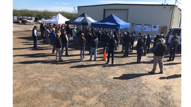 Participants in Merced, CA almond orchard public field day on cover cropping, March 21, 2019