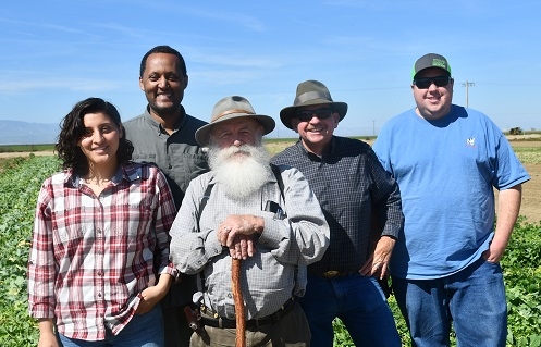 Visitors at the long-term NRI Project field on March 15, 2019 (left to right) Jessica Alvarez, Teamrat Ghezzehei, Tom Willey, Steve Beck, and Tyler Beck