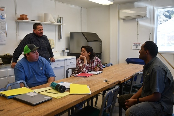 Tyler Beck, Steve Beck, Jessica Alvarez, and Teamrat Ghezzehei discussing soil health at the field station in Five Points, CA March 15, 2019