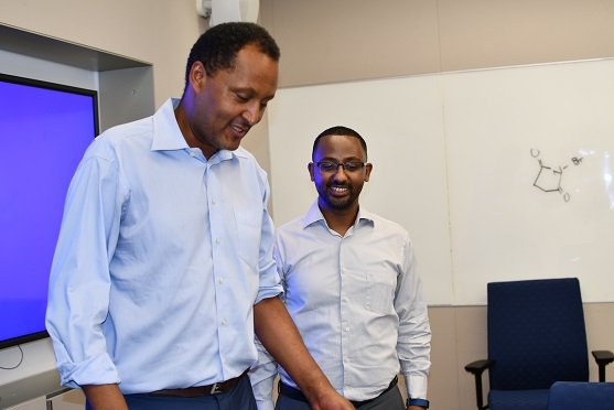 Drs. Samuel Araya (right) and Teamrat Ghezzehei of UC Merced immediately following the successful PhD defense by Araya, August 13, 2019 on the UC Merced campus