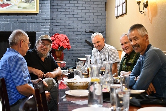 Rick Reed, (left to right) Dan Cohen, Rich Collins, Bob Bugg and Gene Miyao at Kathmandu Kitchen in Davis CA during Reed’s CA tour of conservation agriculture farms