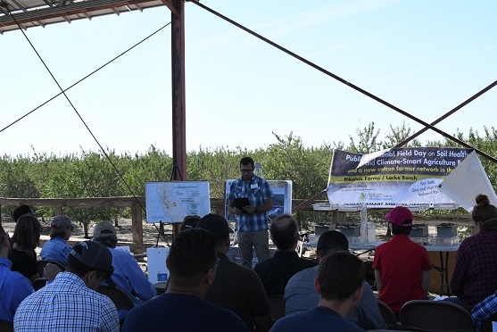 UC Davis PhD student, Geoff Koch, in the Soils and Biogeochemistry Department, providing information to participants at the public educational event at Pikalok Ranch and Locke Farm in Mendota, CA on September 13, 2019