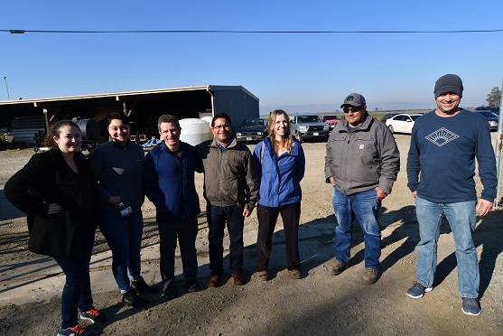 Newly-initiated vegetable and chicken organic study project team visiting the California study site at the LTRAS Facility on the UC Davis campus, February 7, 2020.  (left to right) Student Assistant working with Dr. Maurice Pitesky, Sarai Acosta, Maurice Pitesky, Ajay Nair, Nicole Tautges, Israel Herrera, and Brandon Carpenter