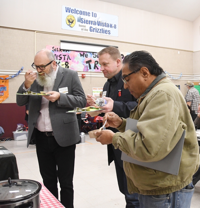 Judges sample the winning chili at the Solano County 4-H Chili Cook-Offi. From left are Vacaville City Councilman Raymond Beaty, Vacaville mayor Ron Rowlett and County Supervisor John Vasquez of the Fourth District, Solano County Board of Supervisors. (Photo by Kathy Keatley Garvey)