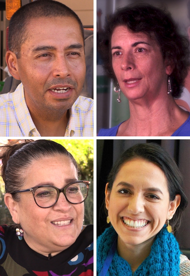 View four videos profiling UC ANR staff and academics, (top left to right) Jairo Diaz, Fe Moncloa, Maria de la Fuente and Aileen Carrasco-Trujillo.