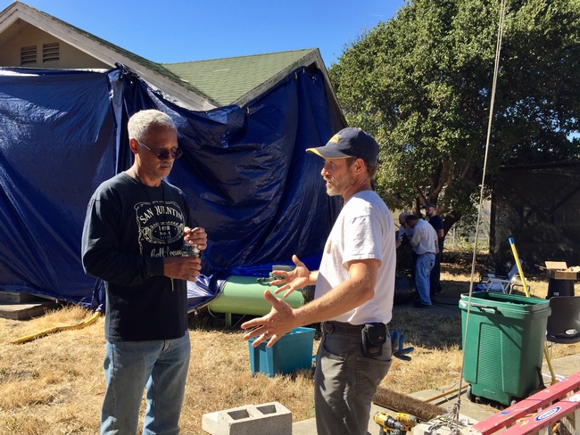 Vernard Lewis, emeritus UC Cooperative Extension entomology specialist at UC Berkeley, and Andrew Sutherland, UCCE integrated pest management advisor, assisted in the experiment at Villa Termiti.