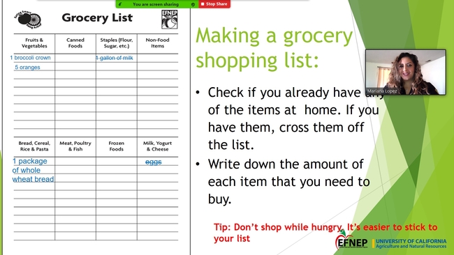 After planning meals and making a shopping list, one Expanded Food & Nutrition Education Program participant said her usual bill of almost $200 per shopping trip went down to $89.