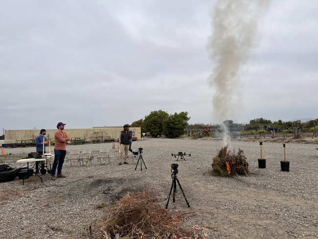Three researchers stand at a safe distance from a burning dried shrub.